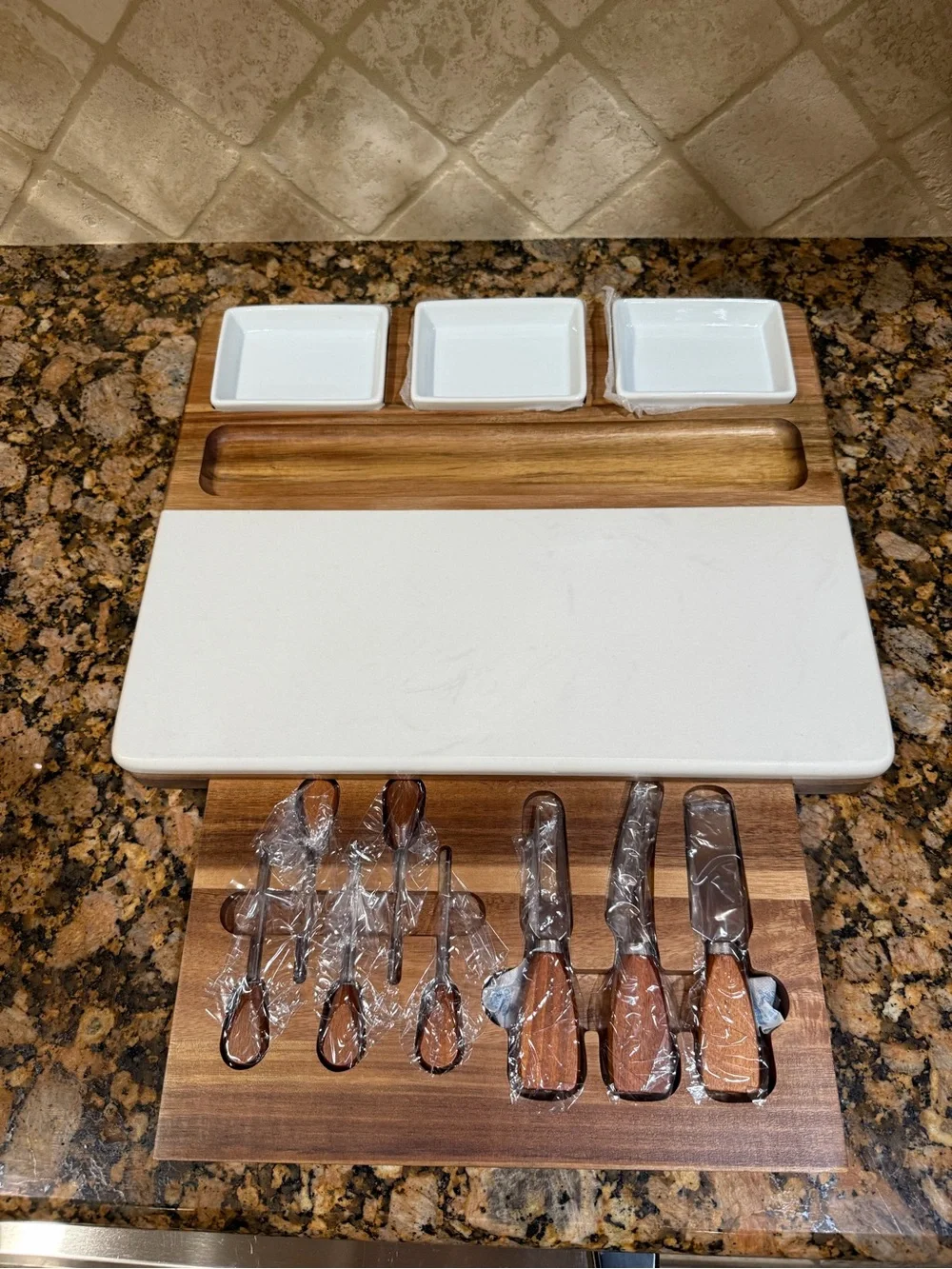 Wood & Marble Cheese Serving Board Set with White Ceramic Dishes